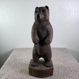 Folk Art Hand-Carved Dark Brown Wooden Bear Sculpture - Home Art Decor